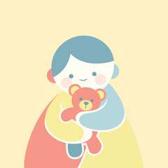 Smiling child hugging red teddy bear with love and affection on pale yellow backdrop, creating a heartwarming and innocent scene.