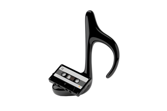 Black musical note with a cassette tape on a transparent background - Powered by Adobe