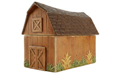 FARMING - Rustic wooden barn model with detailed roof and grass base isolated on white background, perfect for farming and agricultural concepts