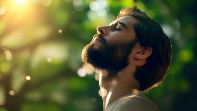Man doing breathing exercises with closed eyes, relaxing on nature. Calm boy enjoying fresh air, meditation with breathing, healthy yoga. Deep breath through nose for brain