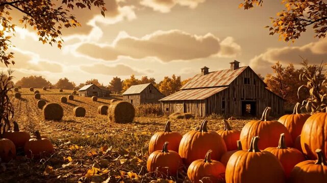 A rustic farm scene with haystacks, barns, and scattered pumpkins under golden autumn skies.