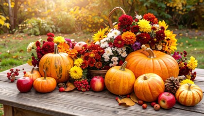 Autumnal flowers pumpkins and apples display