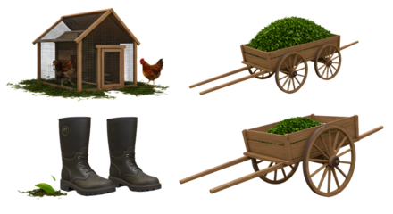 FARMING - Rustic wooden chicken coop with hen, garden carts filled with grass, and black rubber gardening boots on white background, perfect for farm and gardening themes