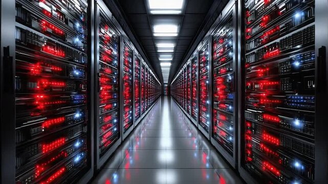 A data center with long rows of server racks lit by red and blue indicator LEDs.