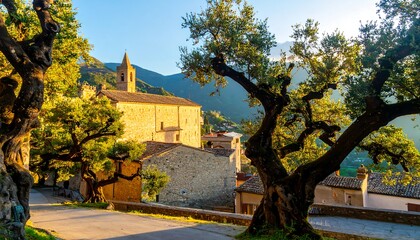 Charming Italian village church at sunrise