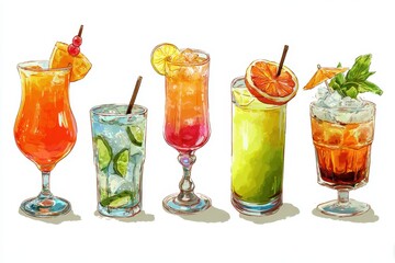 the Beach, Sea Breeze, Planters punch, Painkiller cocktail PNG set bundle, transparent isolated background. Mixology, bar menu cocktails, colorful vibrant refreshing drink with garnish