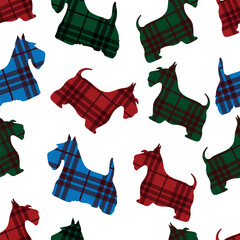 Seamless pattern of Scottish terrier on plaid background. Vector illustration. Robert burns night