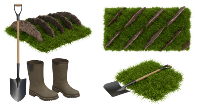 FARMING - Gardening tools, rubber boots, shovel and spade with soil piles on fresh green grass, garden work essentials for outdoor planting and landscaping