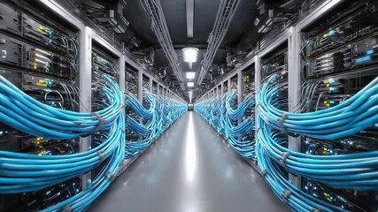 A data center with rows of server racks and neatly organized blue network cables along the aisle. - Powered by Adobe