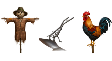 FARMING - Scarecrow, sickle and rooster isolated on white background, rural farm objects, agriculture and harvest symbols