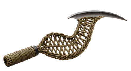 FARMING - Traditional woven sickle with curved blade for harvesting crops, vintage farming tool perfect for agricultural or historical themes