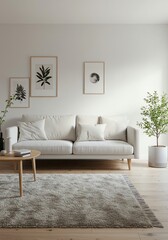 Fototapeta premium Minimalist living room interior with white sofa and botanical wall art decor