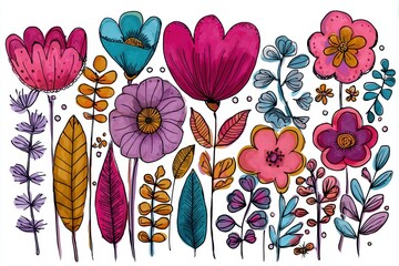 vector illustration doodle flowers and leaves, children's doodle style, transparent background