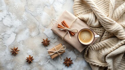 Cozy Winter Scene Wrapped Gifts, Aromatic Spices, and Warm Beverage Beside a Knitted Sweater
