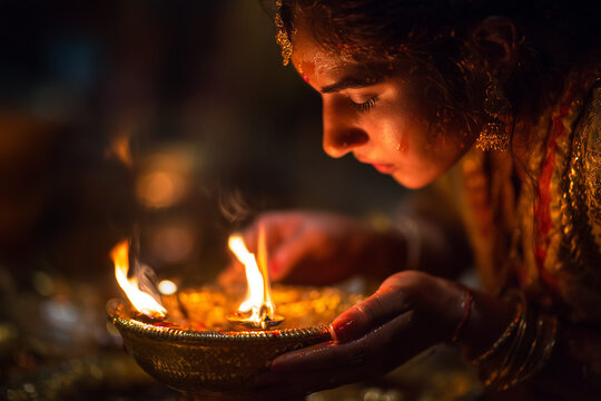 Brass diya lit during Sandhya Aarti, illuminating the devotee&rsquo;s serene expression.
