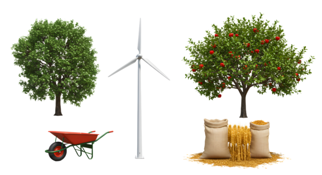 FARMING - Green tree and apple tree with a wind turbine, wheelbarrow, sacks of grains, and spaghetti pasta on wooden surface, sustainable farming and renewable energy concept