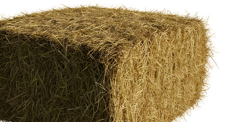 FARMING - Close-up of a rectangular hay bale isolated on white background, perfect for farming, agriculture, and rural-themed projects