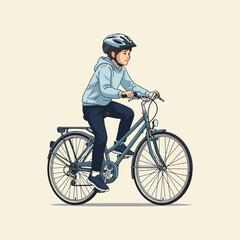 Obraz premium Boy riding bicycle on quiet street wearing helmet and blue hoodie, enjoying a sunny afternoon with a sense of freedom and adventure.