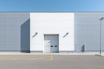 Fototapeta premium Modern industrial building exterior white wall large roll up door gray panels parking lot sunny day