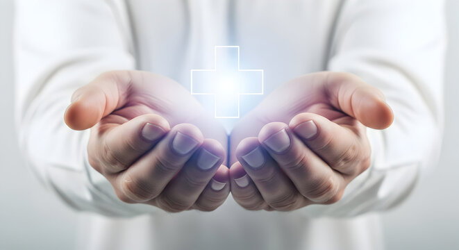 Healing hands offer hope and care with glowing medical cross symbol