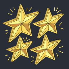 Vector art of group of four golden stars with light rays on a dark gray background