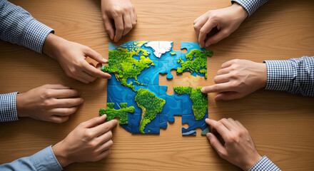 Collaborative team solving world puzzle, symbolizing global solutions together
