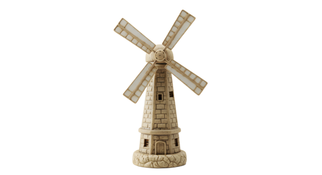 FARMING - Small decorative wooden windmill with rotating blades isolated on white background, perfect for home decor or miniature collections
