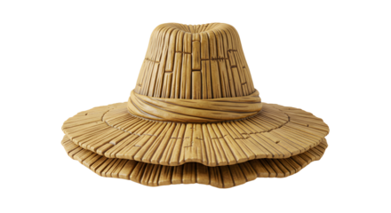 FARMING - Handwoven straw hat with wide brim isolated on white background, traditional summer sun hat perfect for outdoor activities
