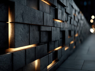 Futuristic building wall features glowing energy bricks and solar integration for sustainable architecture