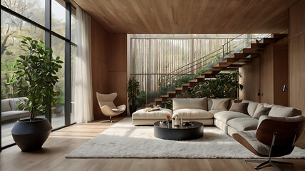 The layout features an open-plan area with a prominent wooden staircase with metal railings ascending to the upper level.