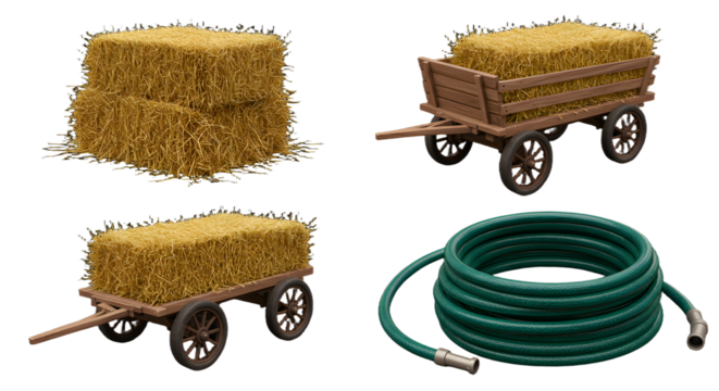 FARMING - Hay bale and hay wagon with green garden hose isolated on white background, agriculture and farming tools concept