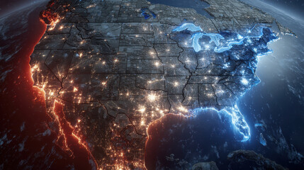 Layered satellite imagery showing US with red and blue threat zones illustrating AI landscape reshaping for disaster prevention