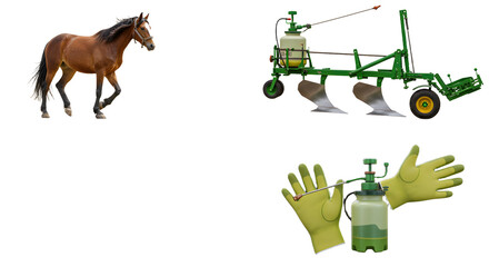 FARMING - Horse, agricultural plow, and protective gloves with sprayer isolated on white background, farming equipment and safety gear, perfect for agricultural presentations