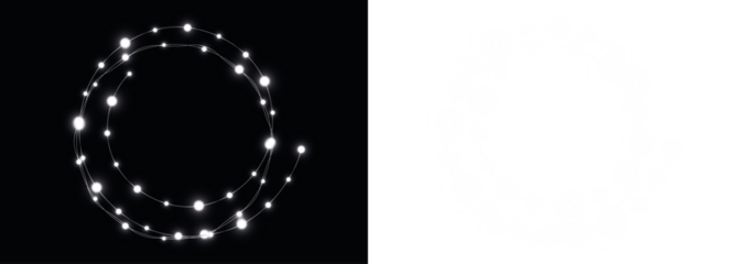 Abstract circular light pattern overlay on a black background, featuring glowing dots connected by lines, creating a modern and dynamic visual concept for design projects