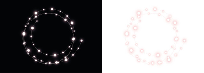Abstract glowing circle overlay with luminous dots on contrasting black and white backgrounds, ideal for creative design projects and digital artwork enhancement