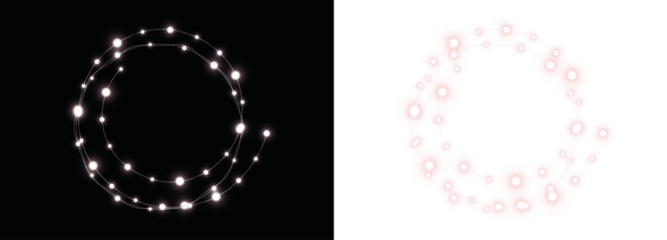 Abstract glowing circle overlay with luminous dots on contrasting black and white backgrounds, ideal for creative design projects and digital artwork enhancement