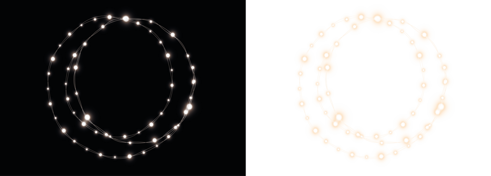 Abstract circular light trails in contrasting black and white backgrounds, creating a visually striking png overlay for creative design projects and digital artwork