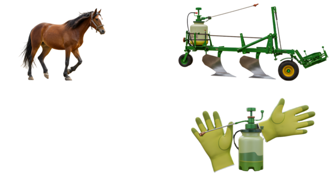 FARMING - Horse, agricultural plow, and protective gloves with sprayer isolated on white background, farming equipment and safety gear, perfect for agricultural presentations