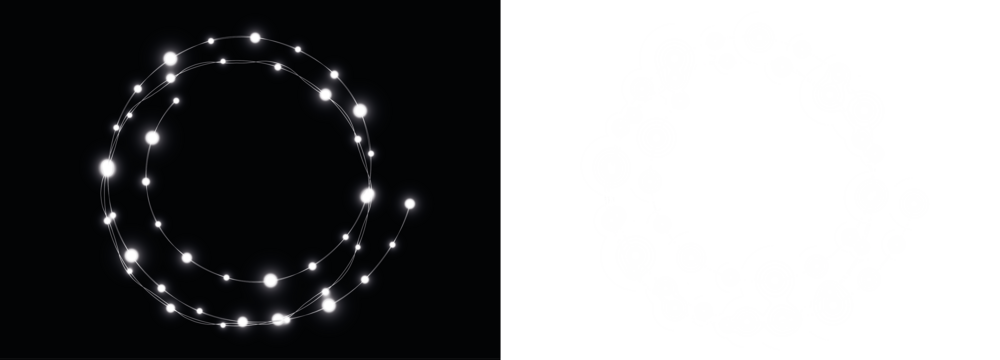 Abstract circular light pattern overlay on a black background, featuring glowing dots connected by lines, creating a modern and dynamic visual concept for design projects