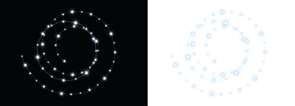 Abstract spiral light trails on contrasting backgrounds, showcasing luminous dots in a swirling pattern, ideal for creative projects and digital design mockups with copy space