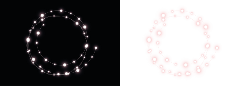 Abstract glowing circle overlay with luminous dots on contrasting black and white backgrounds, ideal for creative design projects and digital artwork enhancement