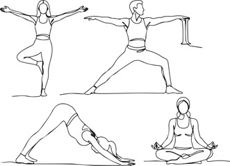 Line art illustrations of people practicing yoga poses