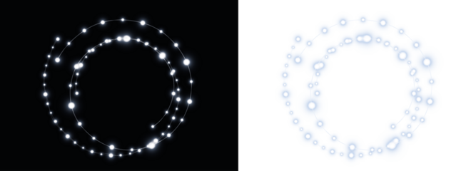 Abstract glowing light circle overlay on black and white backgrounds, creating a mystical effect, ideal for design projects and artistic compositions with copy space