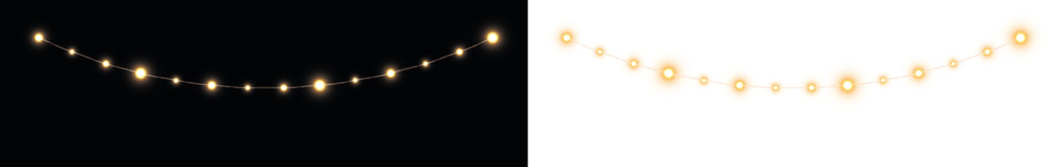 Decorative string lights overlay on contrasting backgrounds, featuring glowing orbs and soft illumination, ideal for enhancing festive and celebratory designs with a magical touch