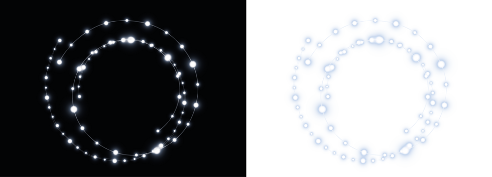 Abstract glowing light circle overlay on black and white backgrounds, creating a mystical effect, ideal for design projects and artistic compositions with copy space