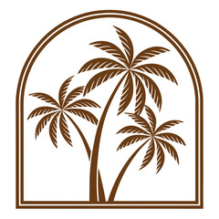 Three brown palm trees silhouetted within a brown arched frame vector