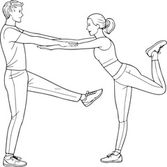 Line drawing of couple performing synchronized leg exercise