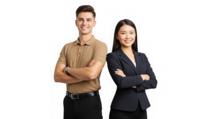 Two diverse business professionals confidently posing together for a professional portrait transparent background