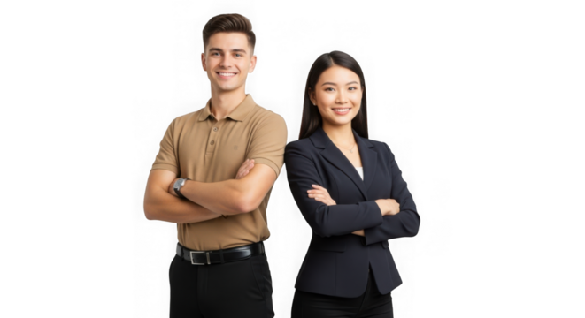 Two diverse business professionals confidently posing together for a professional portrait transparent background