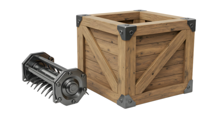 FARMING - Wooden crate and mechanical gear isolated on white background, industrial equipment concept
